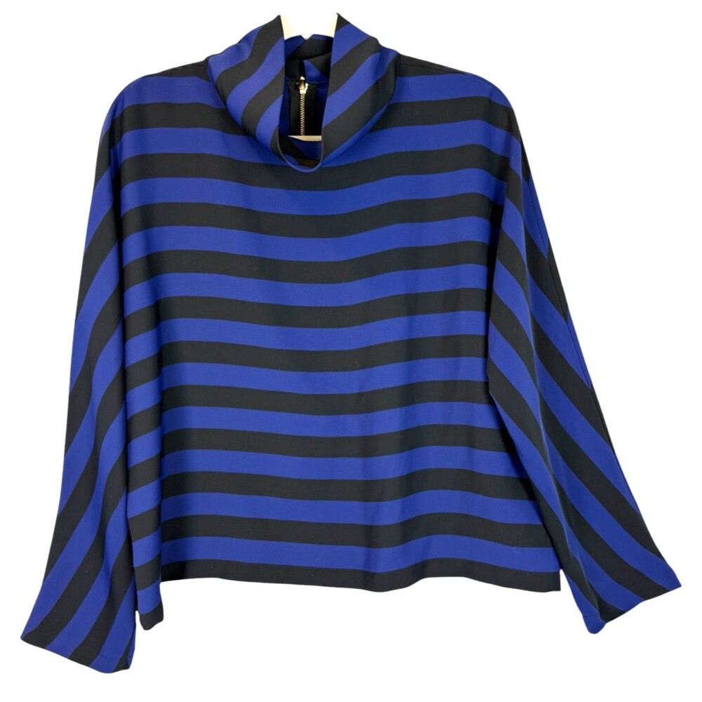Chico's Black Label Striped Top Long Sleeve Full Zip Back Black Blue Sz 2 Large